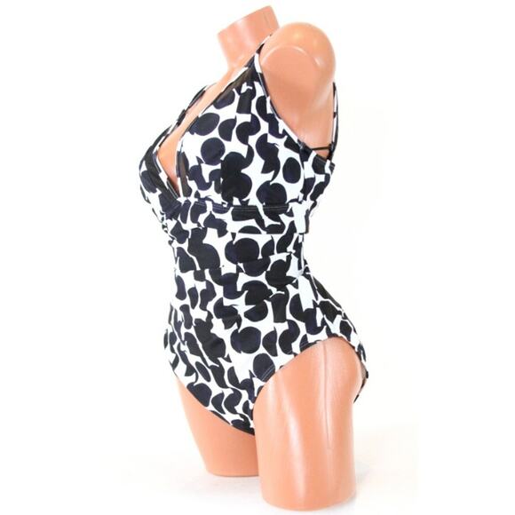 DKNY Geo Mesh-Trim One-Piece Black White V-Neck Swimsuit NWT 16 - Picture 3 of 4